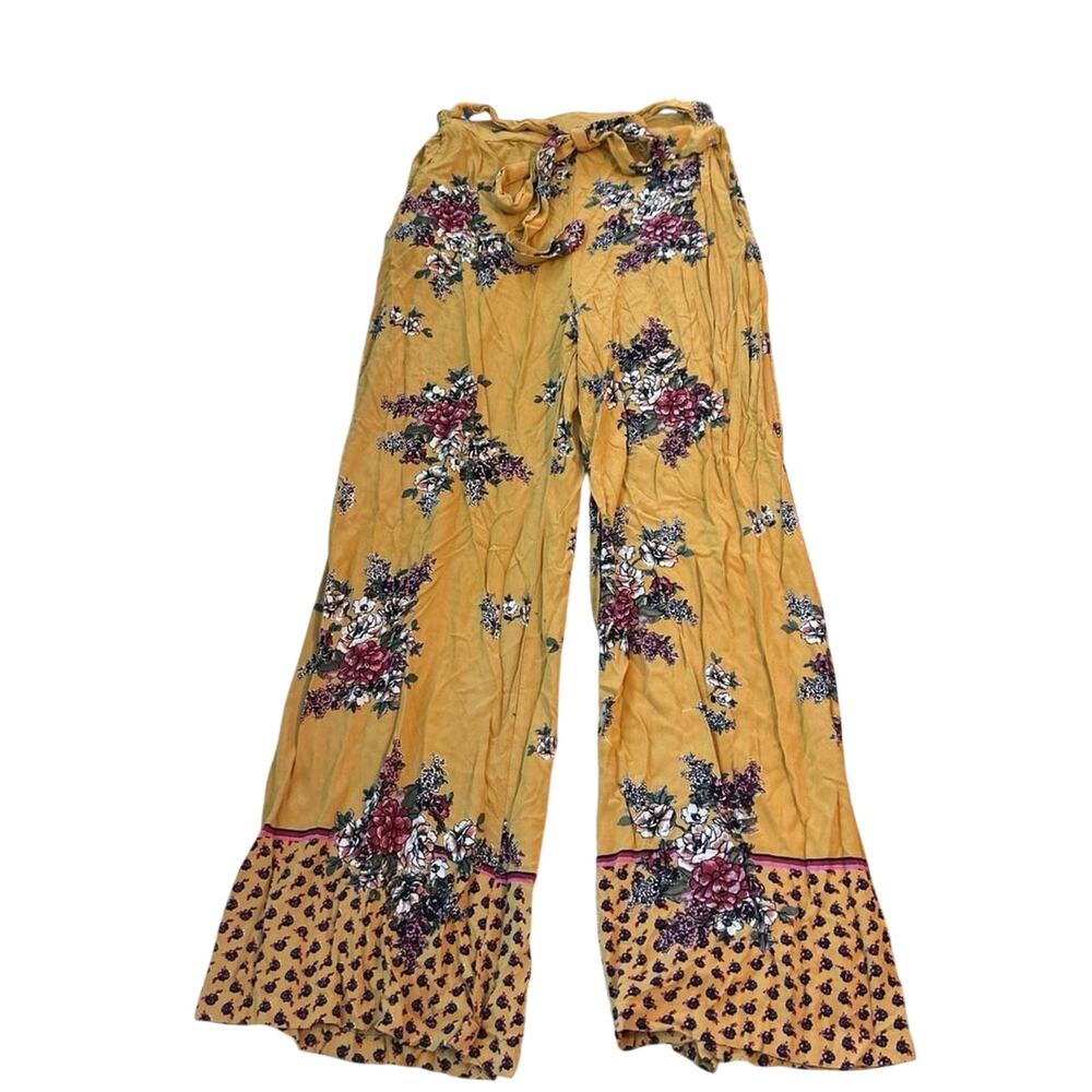 Angie Mustard Floral Wide-Leg Tie-Waist Pants